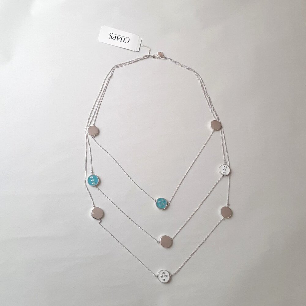 Chaps Multi-Strand Long Silver Necklace with Turquoise, White, and Silver Charms - Picture 2 of 4
